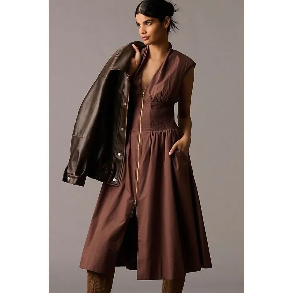 Anthropologie The Tommie Zip-Front Midi Dress Maeve Brown Small S NEW